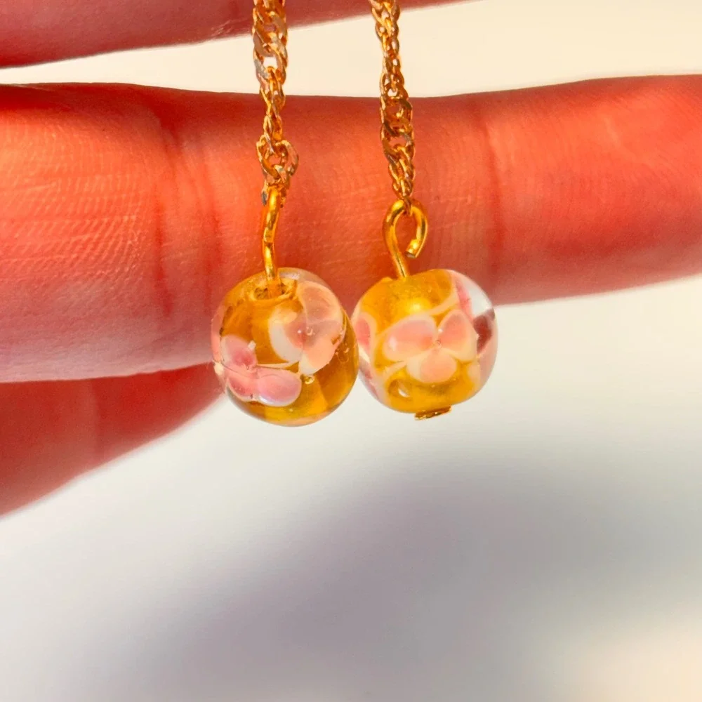 Vintage Glass Drop Earrings Gold Pink Floral Dangle Whimsygoth Boho Chic PL331
